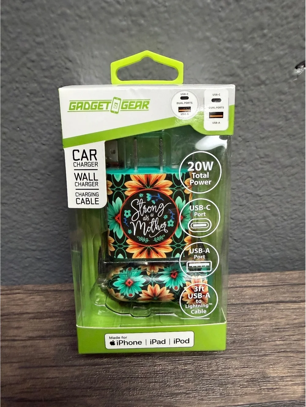 20W Car Wall Charger Set 3ft Apple device Cable & 3ft USB C Flat Cord Floral Set